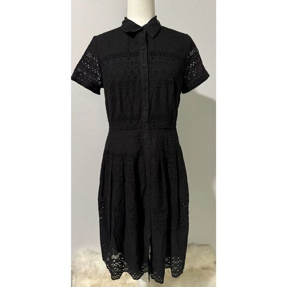 Talbots lace button front eyelet embroidered black dress 6 - Picture 1 of 8